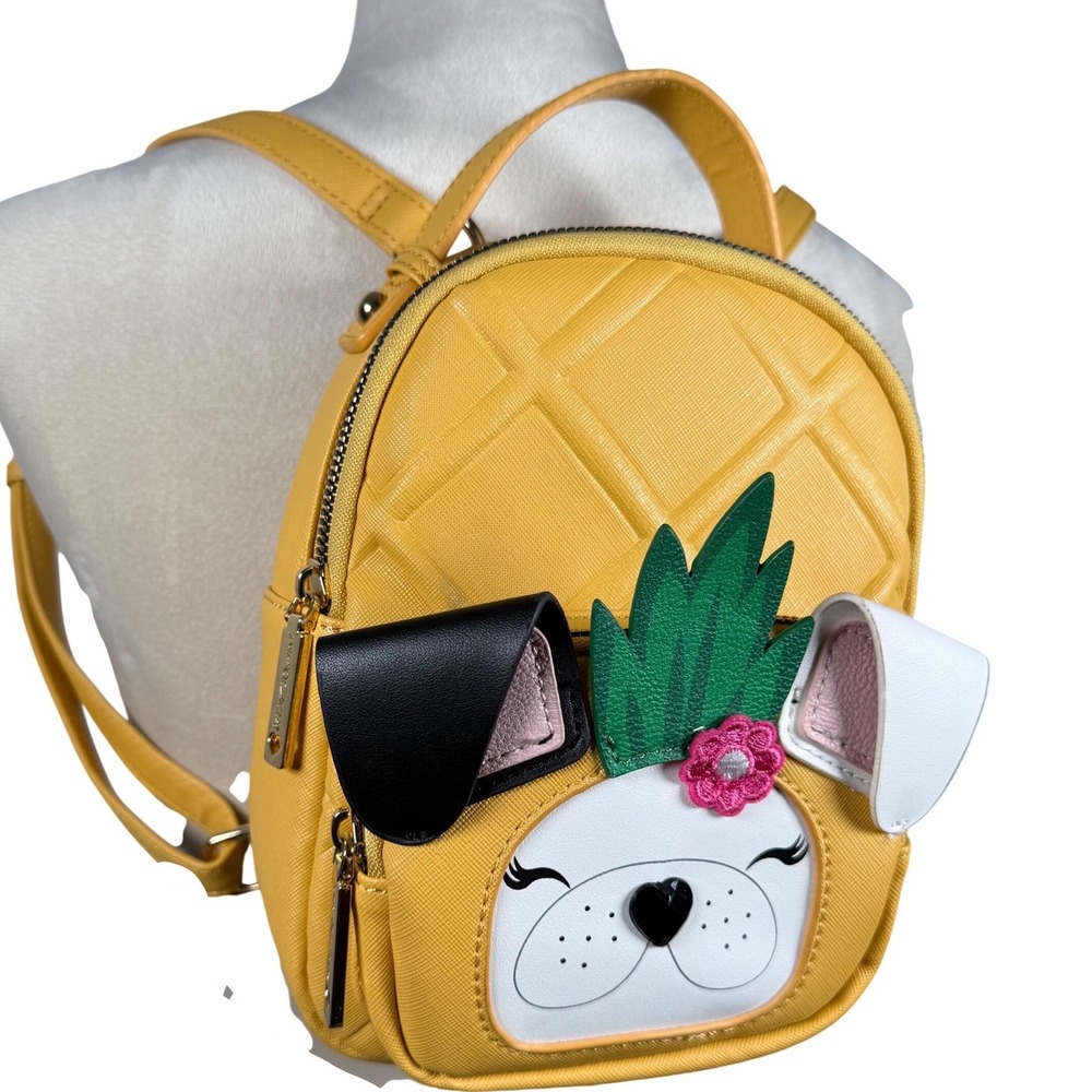 Betsey Johnson Yellow French Bulldog Pineapple Mini Backpack Quilted Tropical